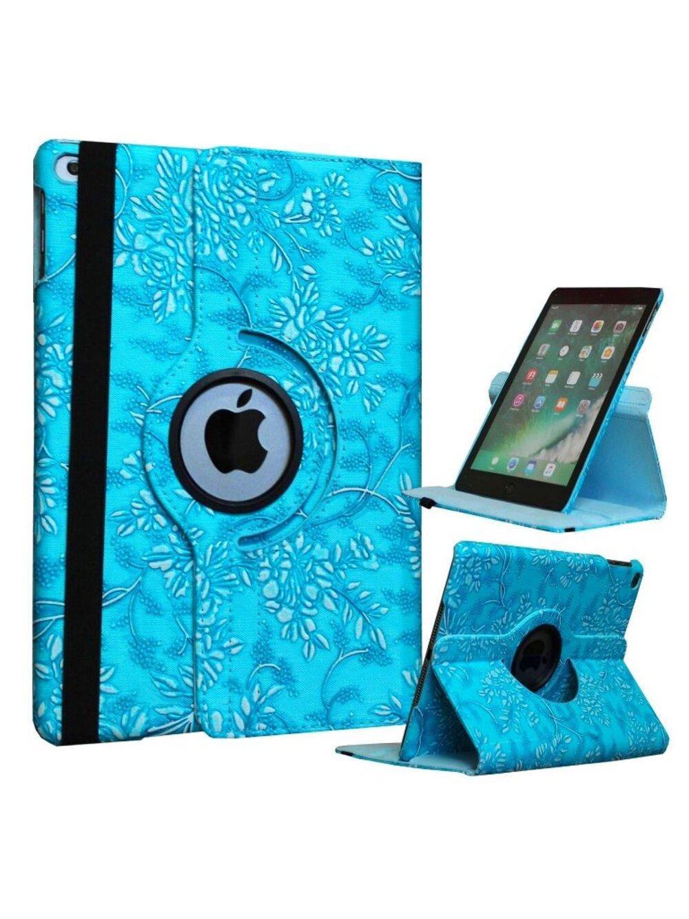 360 DEGREES ROTATING STAND (BLUE) STYLISH EMBOSSED FLOWERS CASE FOR IPAD 2